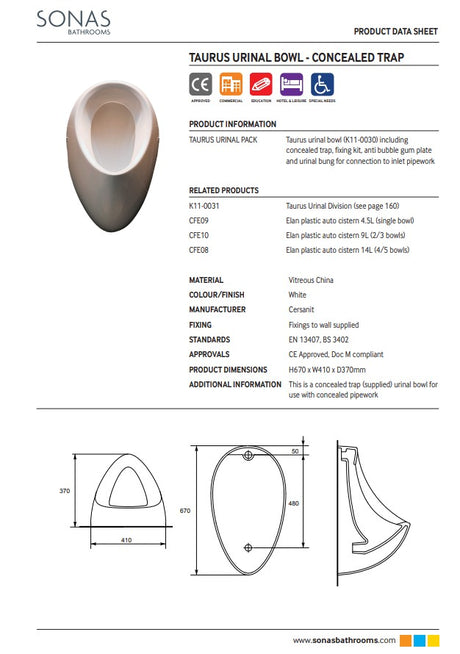 Taurus Urinal Bowl - Concealed Trap | TAURUSURINALPACK