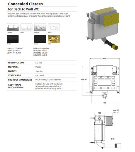 Concealed cistern for Back to Wall WC black fascia plate , rectangular | USW0149