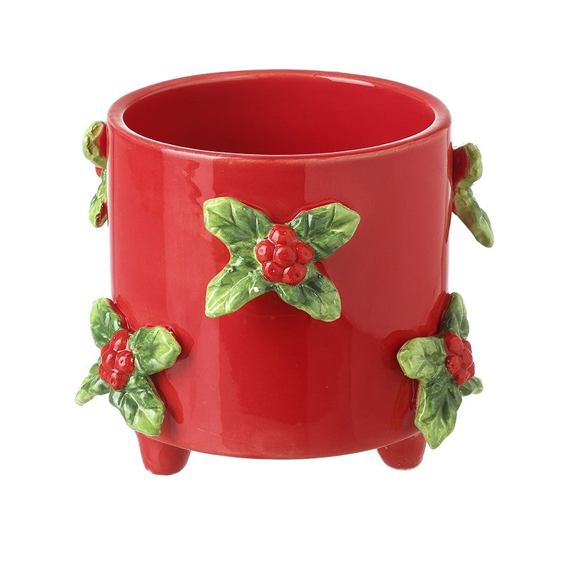 Heaven Sends Small Red Ceramic Pot With Holly | FDT196B