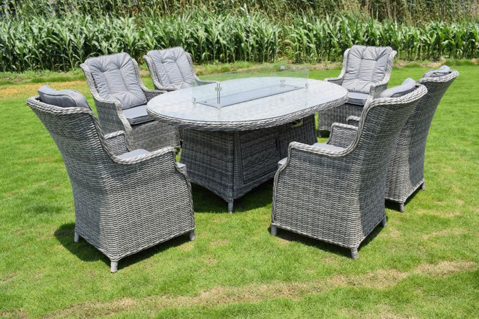 Amalfi Grey Rattan 6 Seater Glass Top Oval Dining Set with Firepit | MJT-862