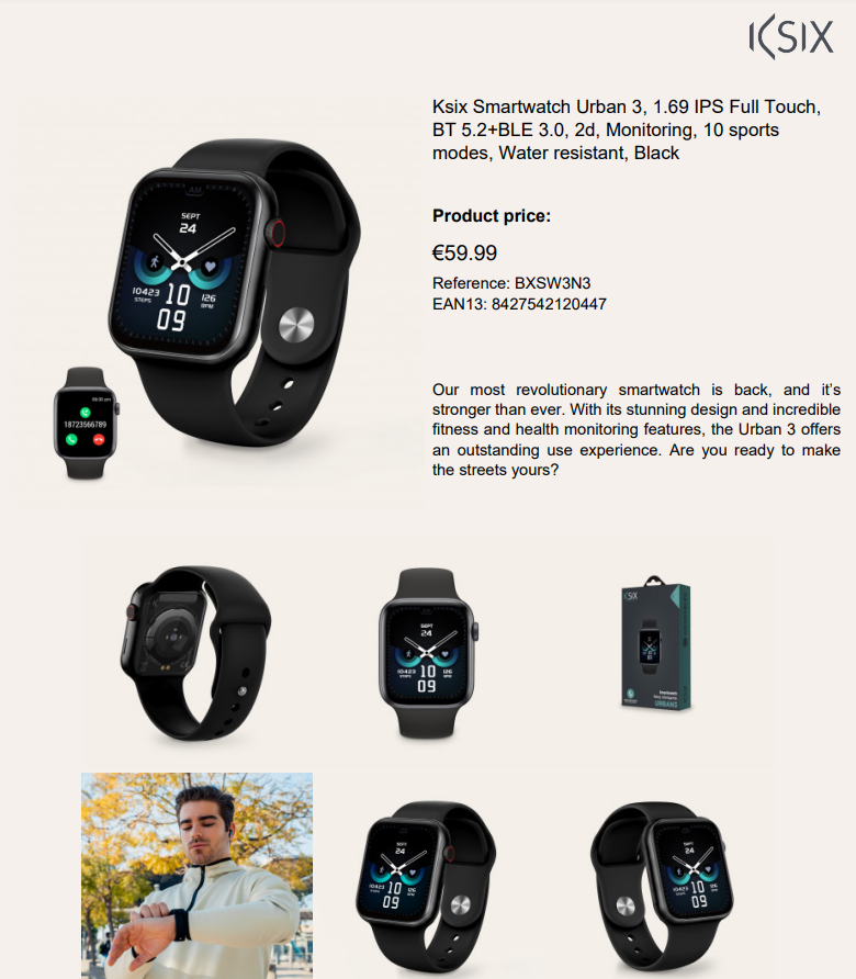 Smartwatch Ksix Urban 3, 1.69 IPS Full Touch, BT 5.2 + BLE 3.0, 10 days,  monitoring, 10 modes sport, submersible, Black