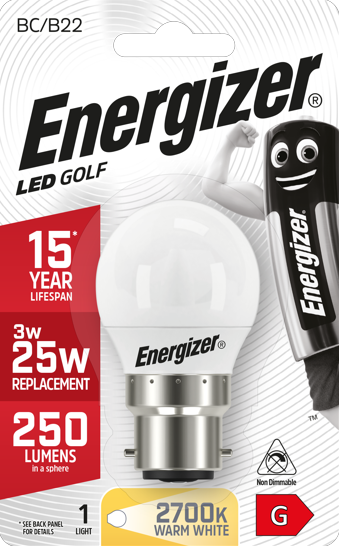 Energizer LED 3.4W (25W) 250 Lumen B22 Opal Golf Ball Light Bulb | 1791-16
