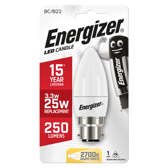 Energizer 3.4W (25W) B22 Opal LED Candle Light Bulb | 1792-24