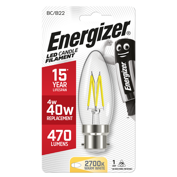 Energizer 4W (40W) B22 Clear LED Candle Light Bulb │1810-24
