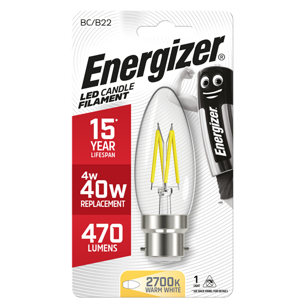 Energizer 4W (40W) B22 Clear LED Candle Light Bulb │1810-24