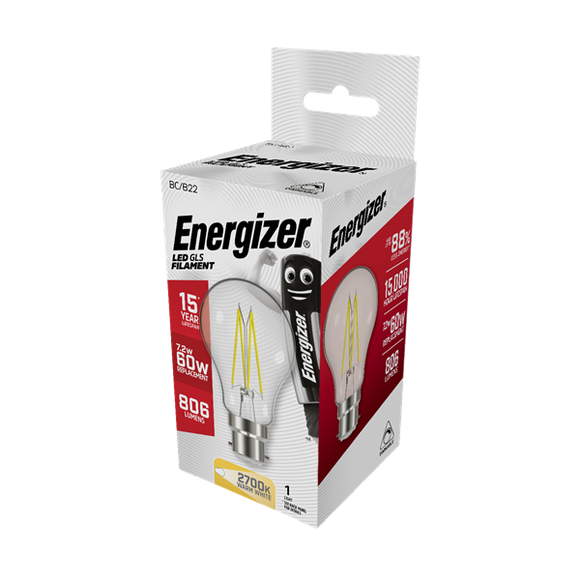 Energizer 7.2W (60W) B22 LED GLS Dimmable Filament Light Bulb |1828-38