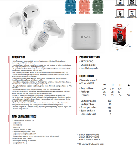 NGS Artica Duo Wireless Touch Control BT Headphones -  Black | 621211