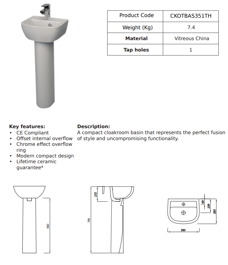 Kota Cloak Room 35cm 1TH Basin | CKOTBAS351TH