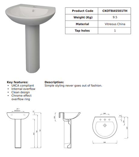Kota 50cm 1TH Round Basin | CKOTBAS501TH