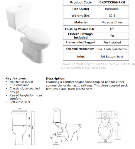 Kota Comfort Height Close Couple Pan Pack inc Seat | CKOTCCPANPKH