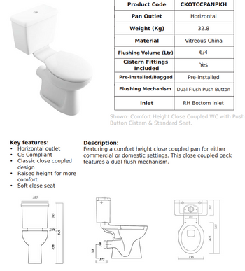 Kota Comfort Height Close Couple Pan Pack inc Seat | CKOTCCPANPKH