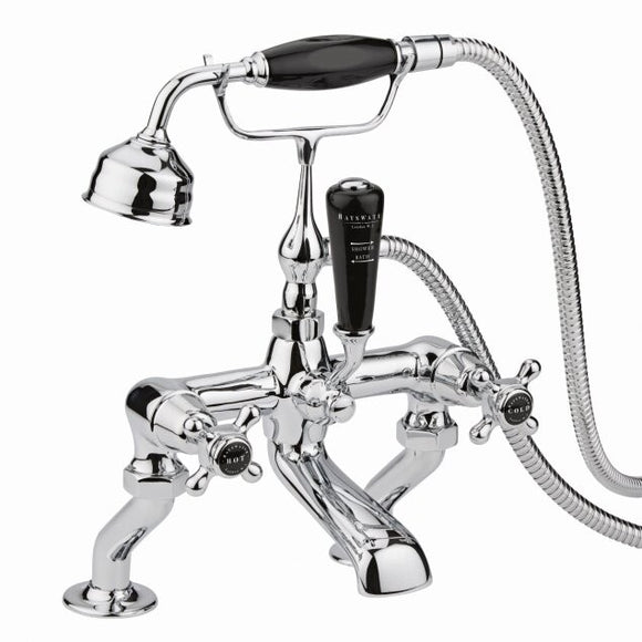 Bayswater Crosshead Taps Deck Mounted Black/Chrome Domed Bath Shower Mixer | BAYT244